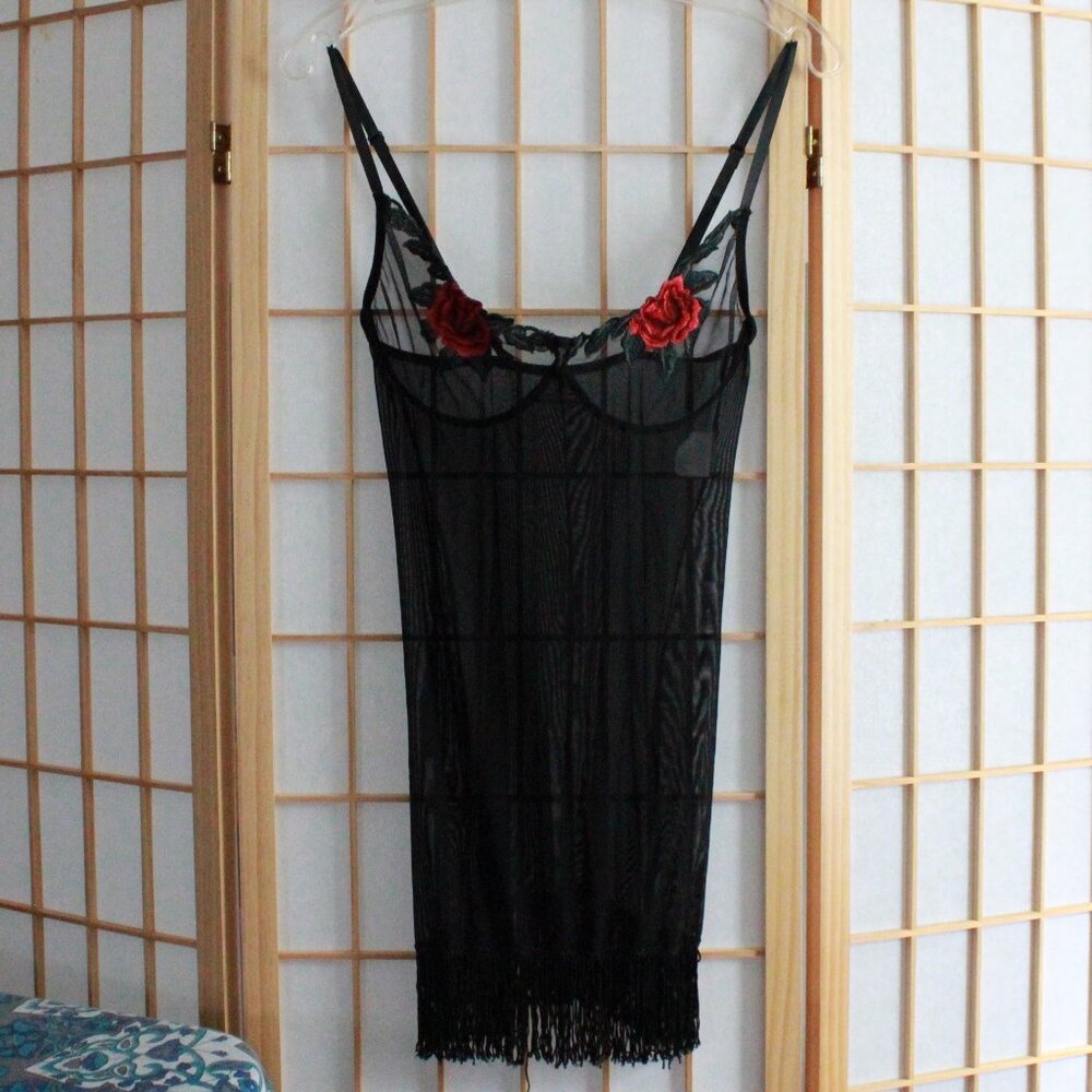 Unknown Brand Mesh, Rose Embroidery, & Fringe Slip